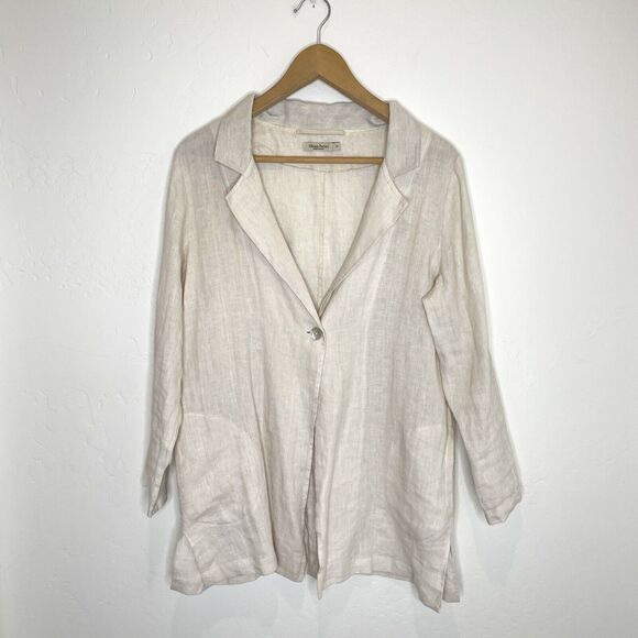 Alessia Pacino Linen Blazer Womens Small Single Button Oatmeal Roll Tab Sleeves - Picture 1 of 5